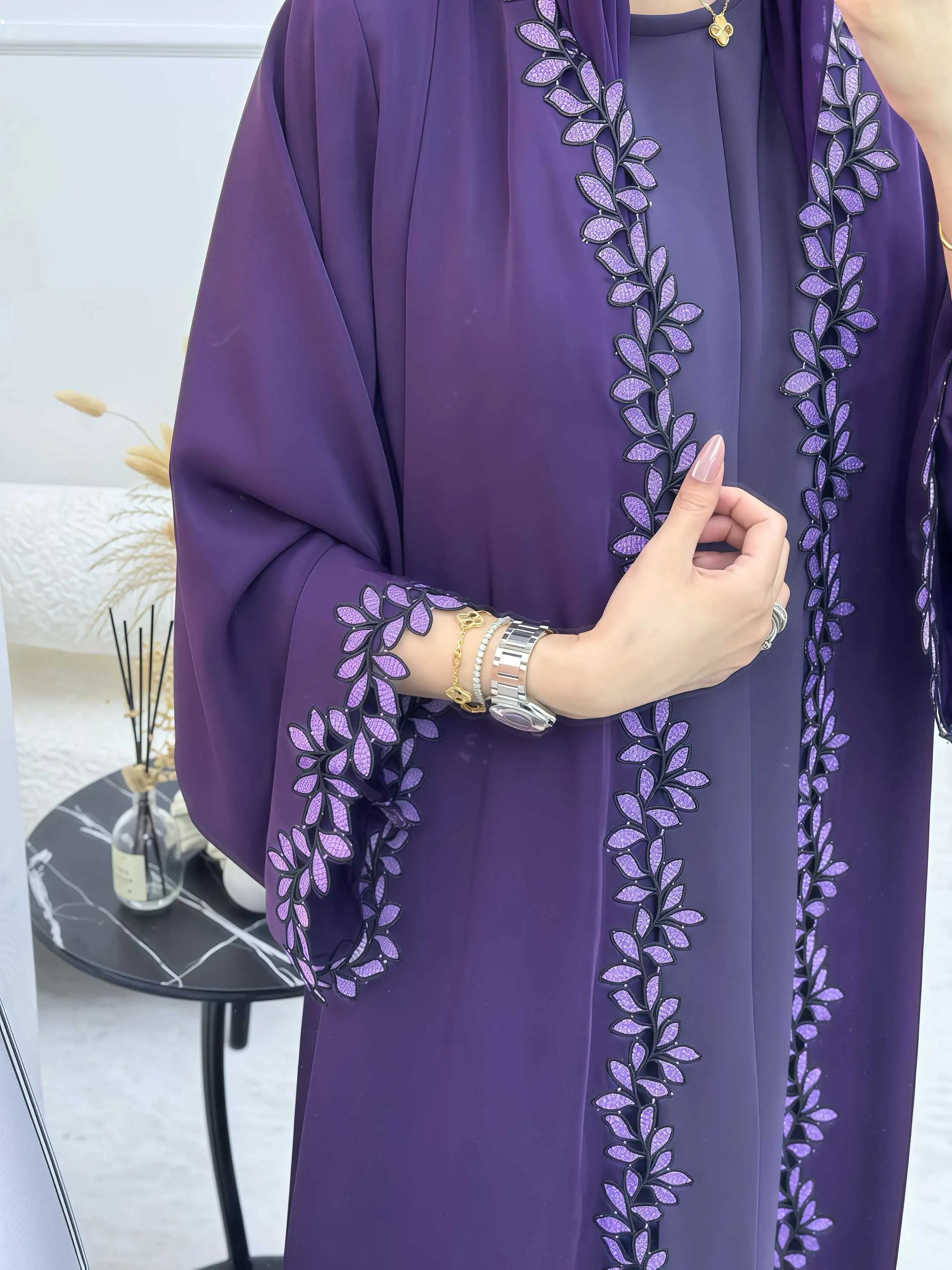 Dubai Elegant  Purple Abaya for Muslim Women - Intricately Crafted with Multicolored Embroidery Piece in Islamic Modest Fashion