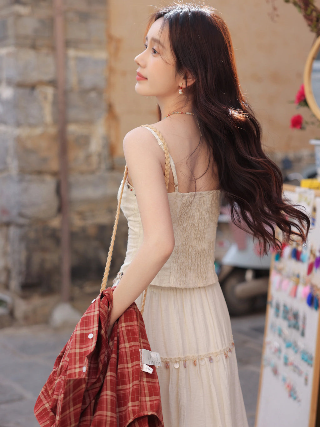 White Lace Three-Piece Set Spring Summer Slim Fit V-Neck Lace Cami Top High-Waisted A-Line Maxi Skirt Chic Red Fashion Shirt