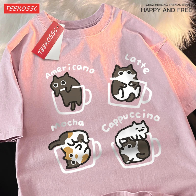 Cat Coffee Pure Cotton Trendy Summer Loose Short Sleeved T-shirt Men Unisex Original Mocha Latte Cat Three Flowers Fun Cat Tees