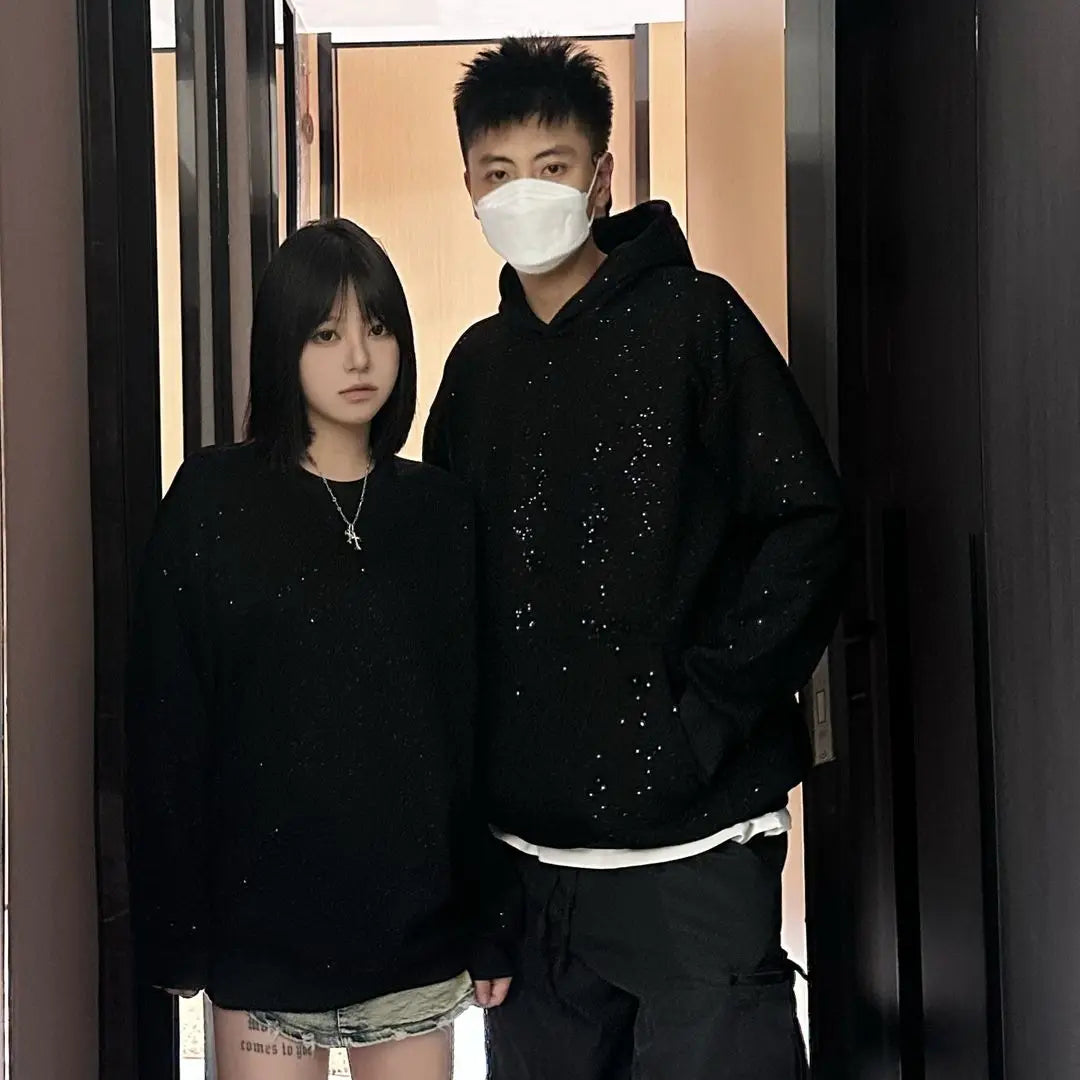 Sequined Hoody Korean Streetwear Men Sweatshirts Plus Fleece New Winter American Style Chic Solid Loose Pockets Fashion Hoodies