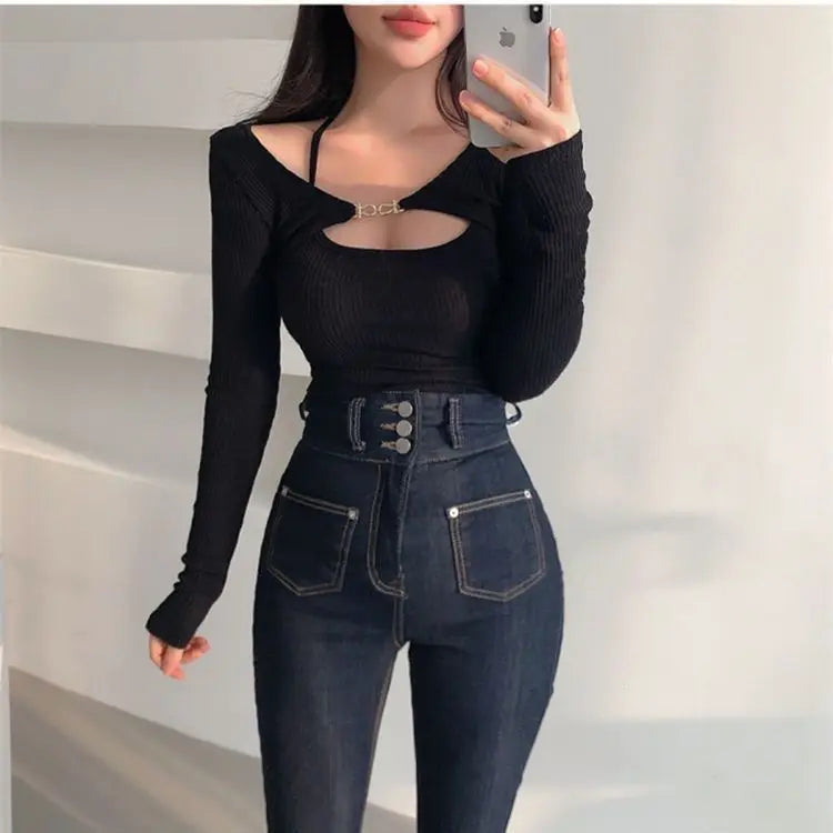 3XL Sets Women Slim Halter Camisoles Long Sleeve Tops 2 Pieces Korean Style Sexy Trendy Y2k Cropped  Spring Female Clothing