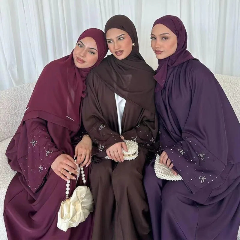 Luxury Dubai Abaya with Beaded Bow Modest Dress for Muslim Women Elegant Open Front Cover Cardigan Fashion Plain Turkey Outfit