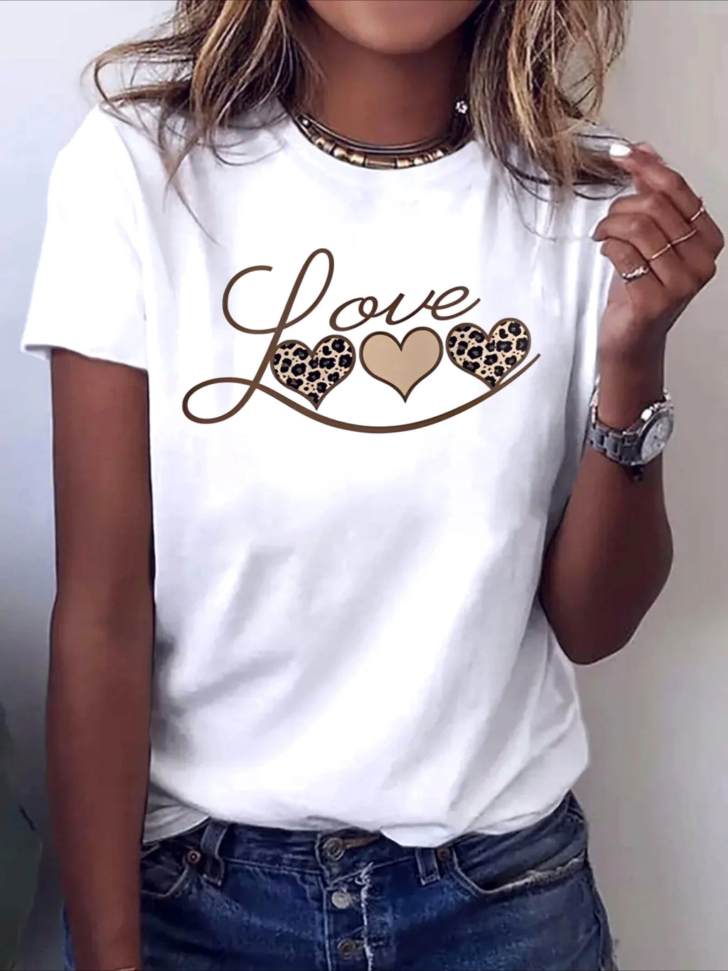 Leopard Heart Print Tshirt Women Sleeve Crew Neck Casual Top for Spring Summer Trendy Choice Harajuku Sleeve Aesthetic Clothes