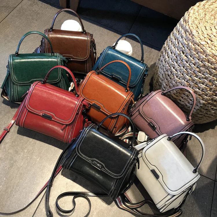 Oil Wax Cowhide Leather Women's Handbag 2024 New Crossbody Bag Lady Commuter Summer Bag Handbill Shoulder Messenger Bags