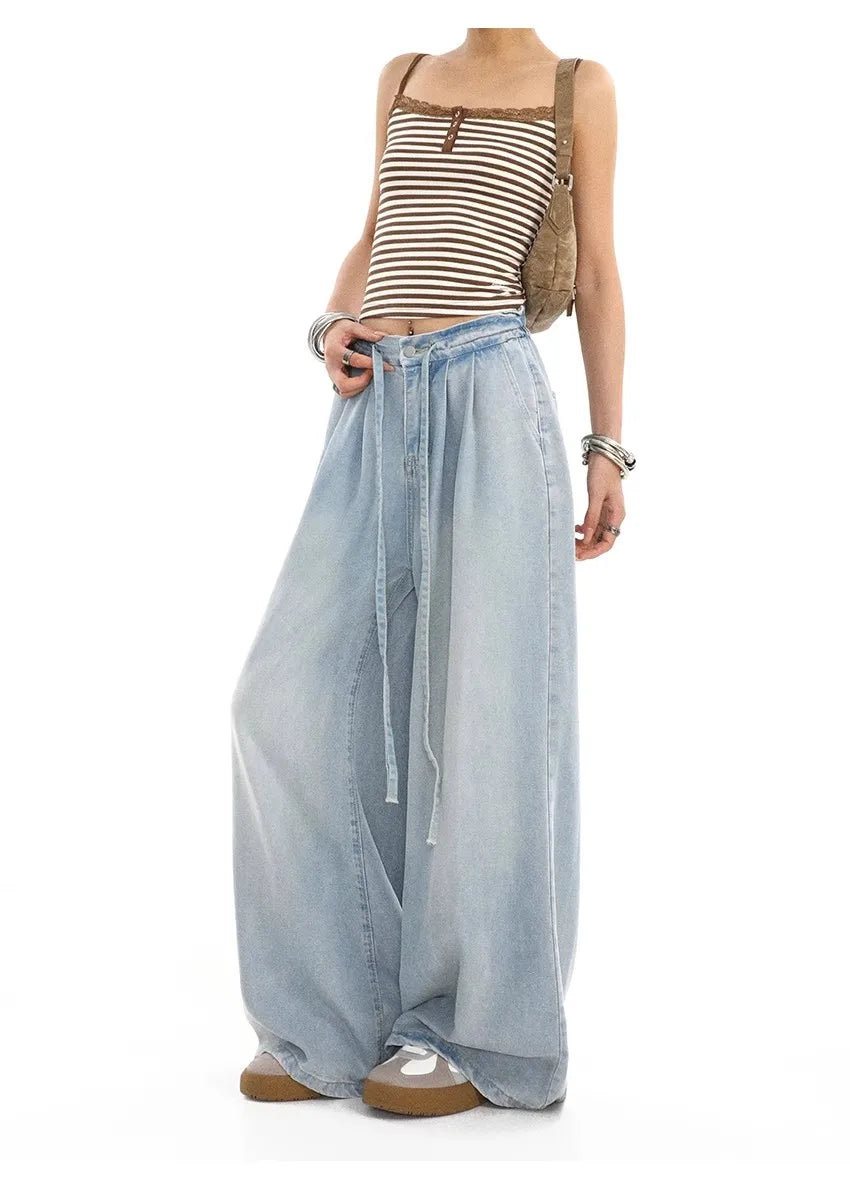 2025 Summer New Drape Wide Leg Jeans Elastic Versatile Ins Trendy Versatile Trousers Harajuku Jeans for Women Denim Pants