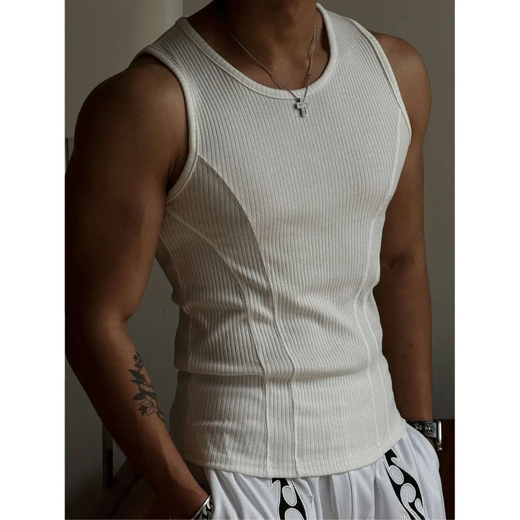 Mens Ribbed Sleeveless Tank Top Activewear Fitness Sports Bodybuilding Vest Breathable Quick-drying Elastic Undershirt Gym Top