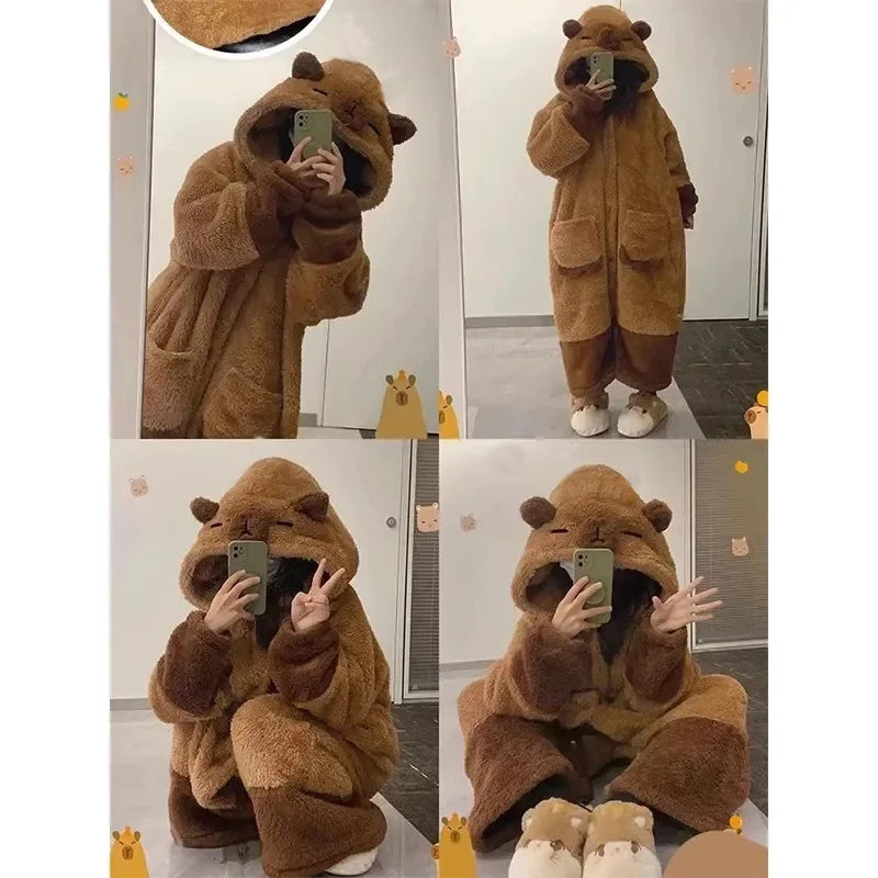 Bathrobe Woman Showerpadded Warm Plus Size Cartoon Bear Pajamas Coffee Color Dressing Gown Coral Velvet One-Piece Pajamas