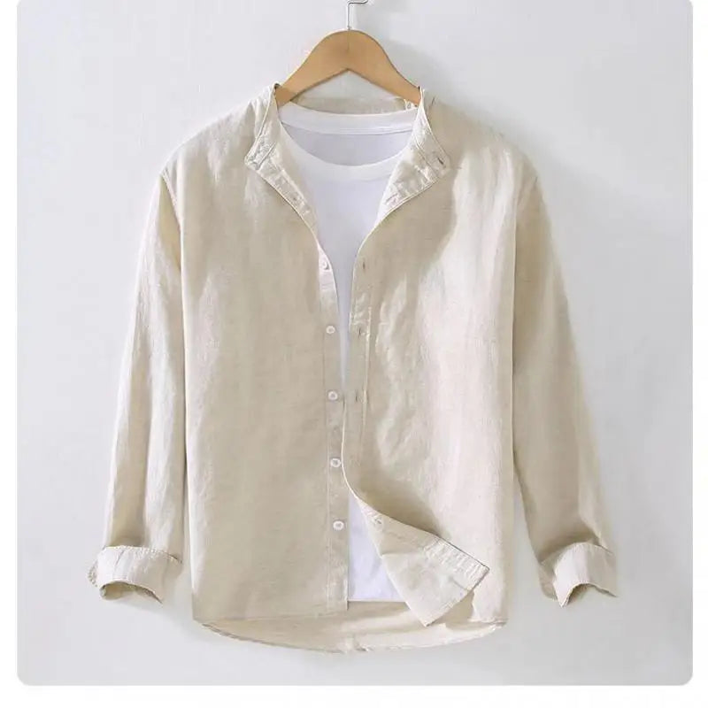 Vintage Men's Long-Sleeve Linen Shirt M-5XL Spring Summer Stand Collar Plain Color Single Breasted Streetwear