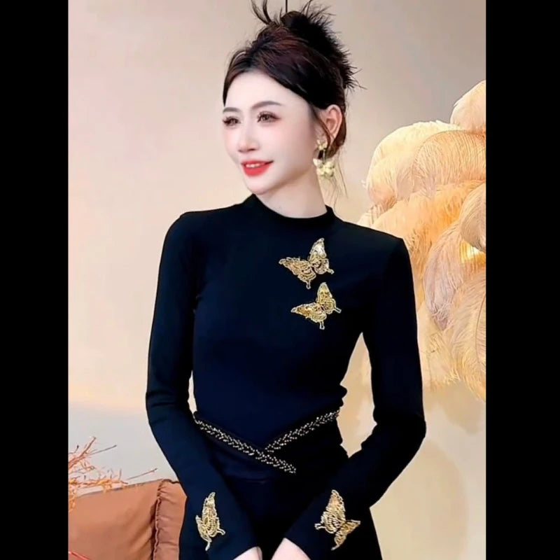 Autumn Winter Half High Collar Long Sleeve Fashion T-Shirts Women High Street Casual Embroidered Patchwork All-match Pullovers