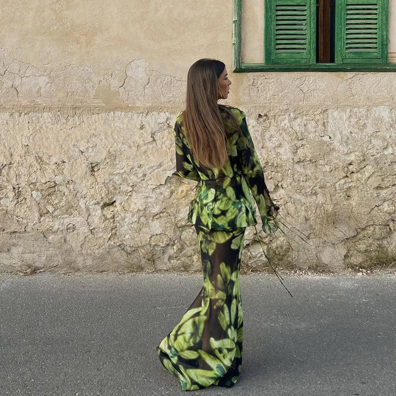 Print Y2K Mesh Long Sleeve Top Shirts Green and Maxi Skirt Bodycon Two Piece Sets Beach Outfits Women Club