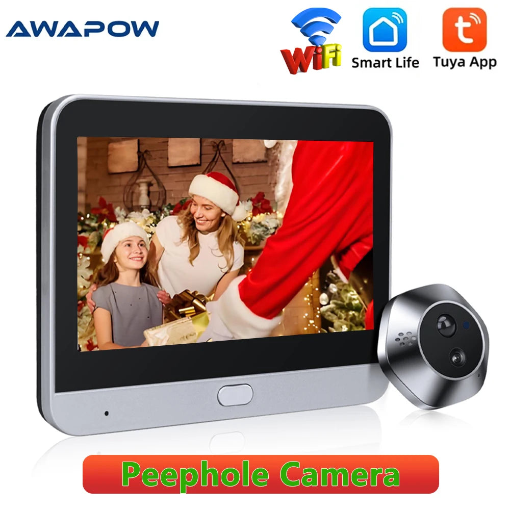 Awapow WiFi Tuya Peephole Camera Smart Life Motion Detection Digital Audio Doorbell Upgrades Two-way Intercom 2 Million HD Pixel