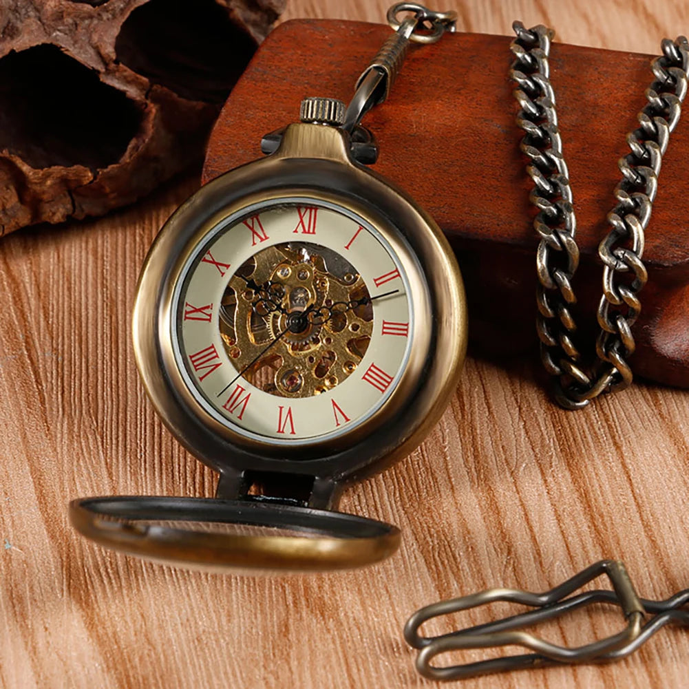 Hand Wind Mechanical Pocket Watch Cool 180 degrees Open Case Transparent Glass Cover Roman Numbers Unisex Chain Christmas Gifts
