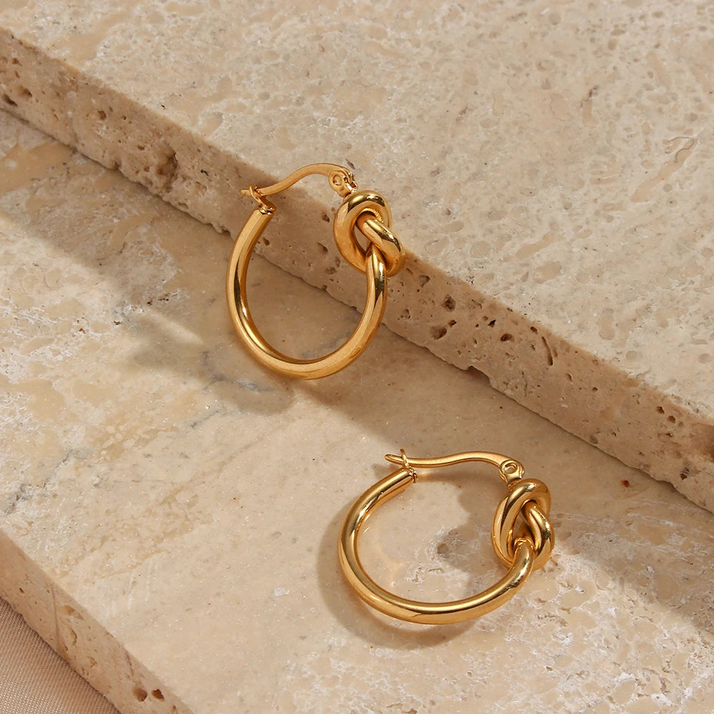 E.B.belle Knot Design Stainless Steel Hoop Earrings For Women Minimalist 18K Gold Plated Round Loop Hoop Earring Jewery For Lady