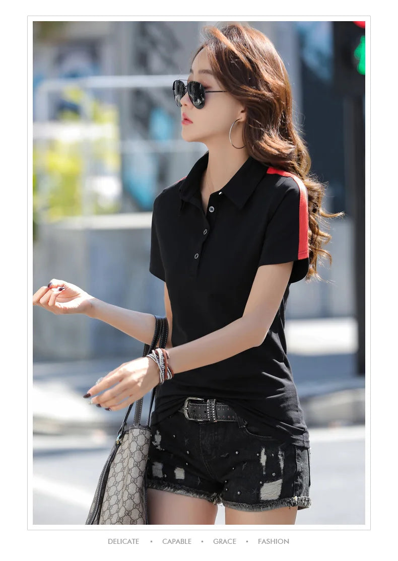 New Women Polo Shirt Summer Fashion Patchwork Button Turn-down Collar Short Sleeve Slim T-shirt Casual Basic Cotton Tees Tops
