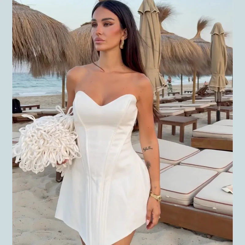 Fashion Women Strapless Backless Dress Off-shoulder Corset Bustier Party Club Dresses 2025 Chic Lady Waist Cinching Evening Gown