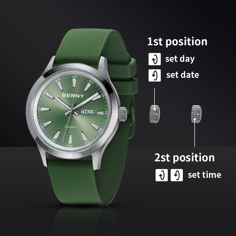 BERNY Watches for Men 40mm Luminous Elegance Dress Quartz Watch Calendar Week Luxury Waterproof Casual Business Men's Wristwatch