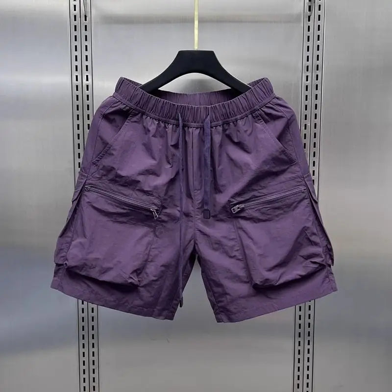 Men's Retro Multi Pocket Cargo Shorts Summer Thin Loose Straight Casual Outerwear Capris Solid Color Drawstring Short Pants