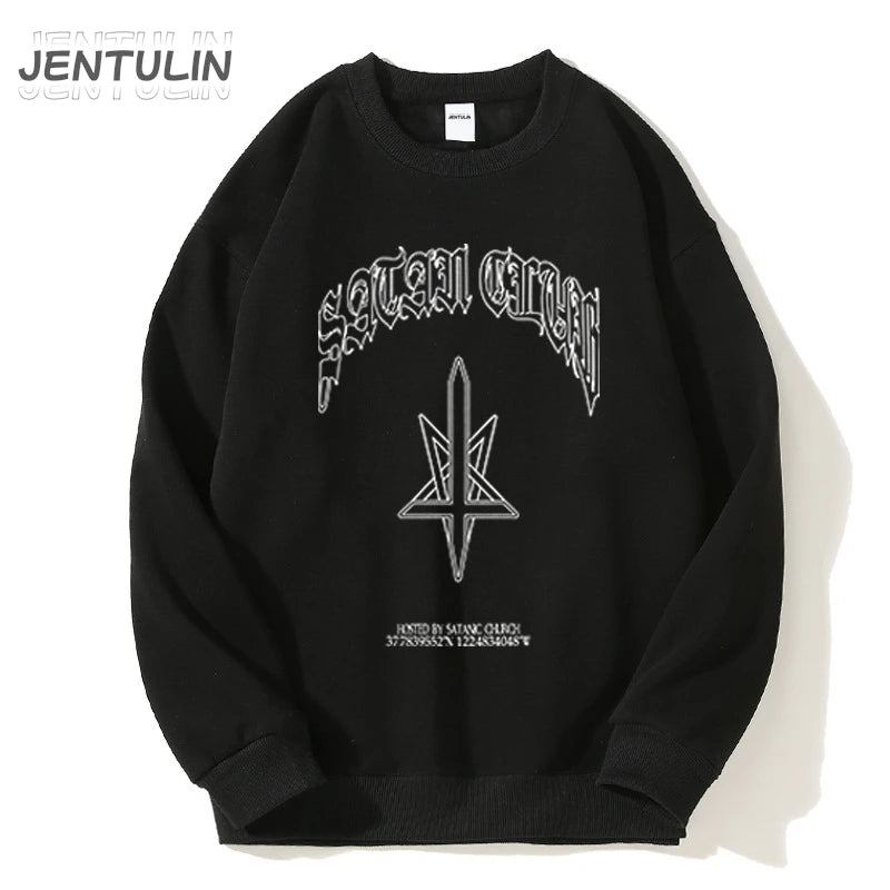 Hip Hop Streetwear Men Hoodies Satan Club Graphic Print Hooded Women Unisex Autumn Winter Punk Sweatshirts Y2K Coat Clothes Goth