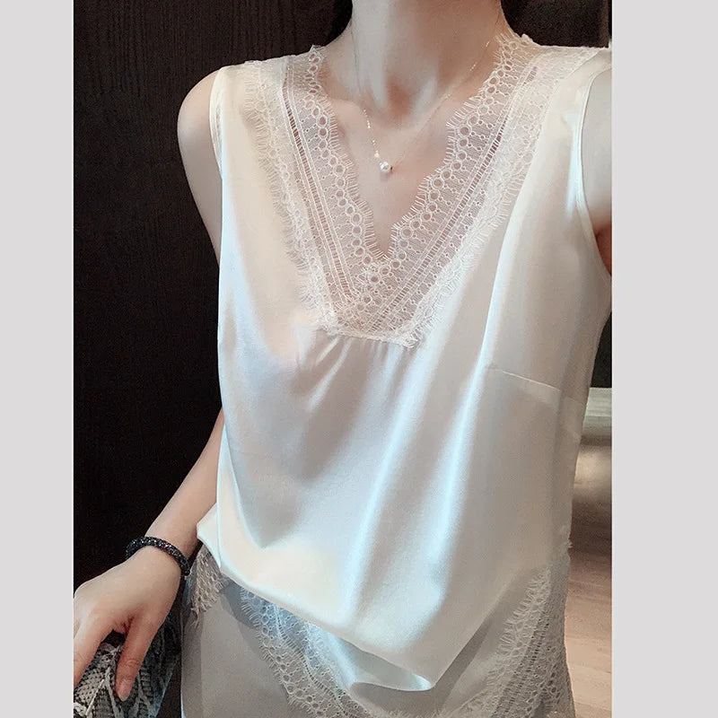 Birdsky, 1PC natural mulberry silk Women office lady summer Tank Tops Vest lace V neck solid colors, S-389