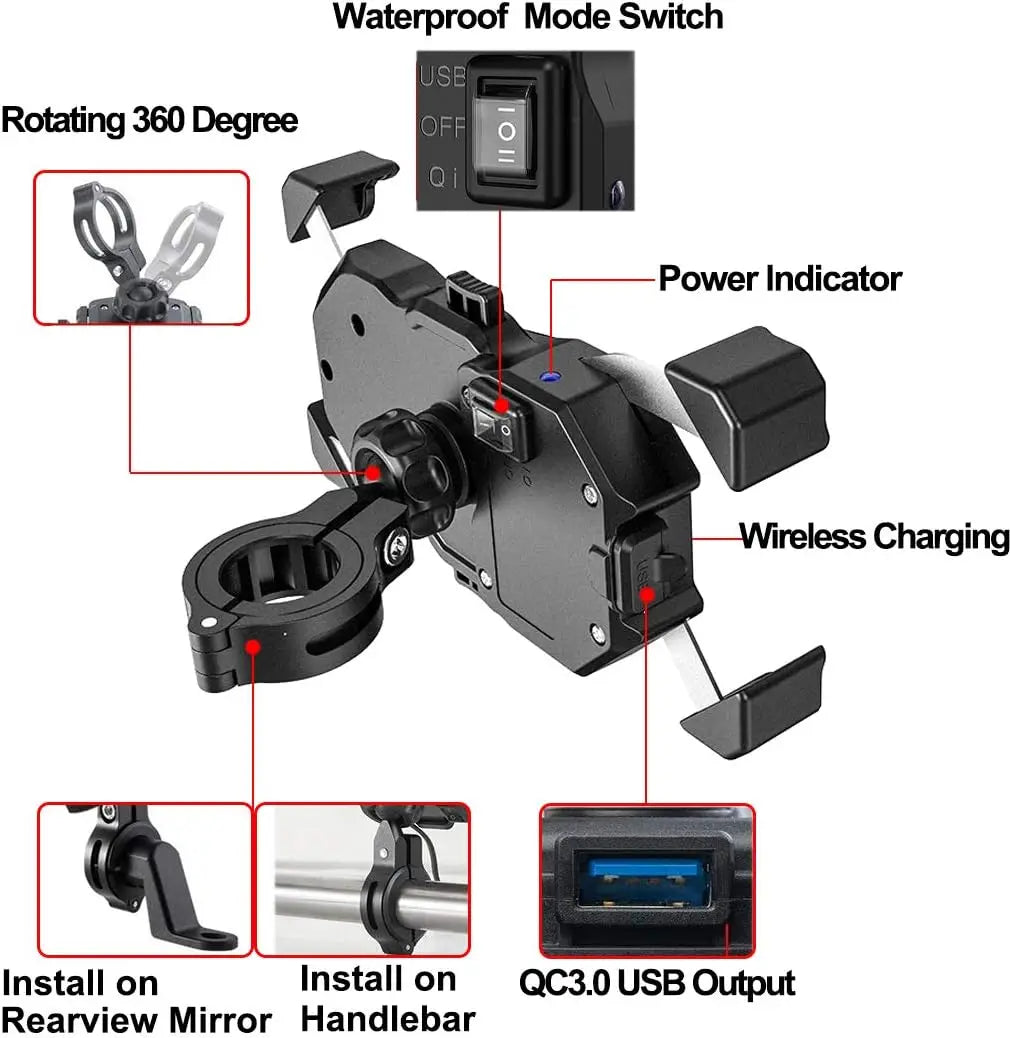 Motorcycle Phone Holder Fast Wireless Charger Quick USB Charging Moto Motorbike Mirror Stand Support Cellphone Handlebar Mount
