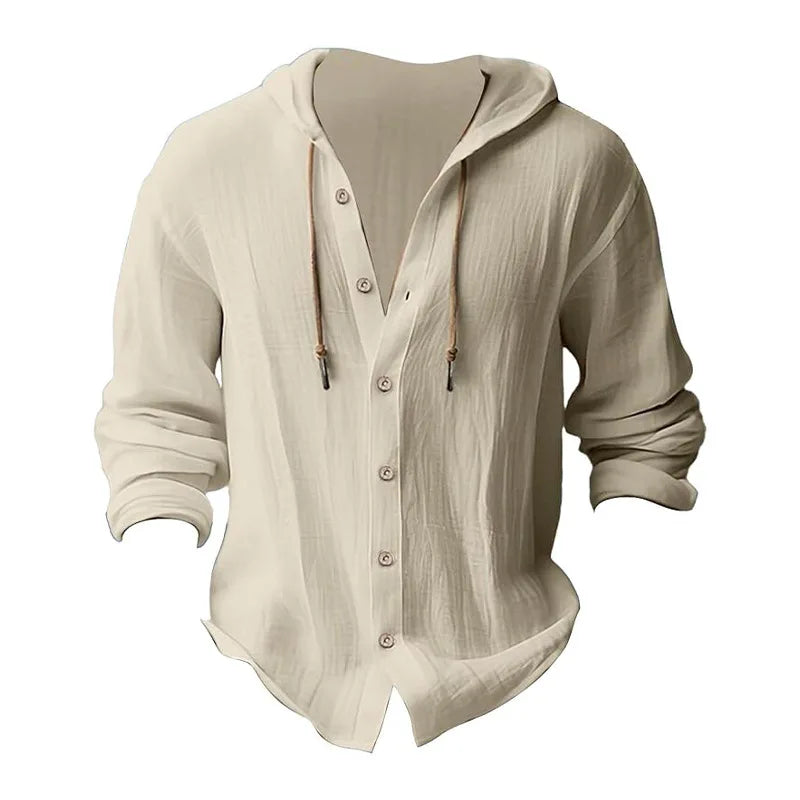Men's solid color casual shirt, hooded drawstring cotton and linen cardigan, trendy and versatile loose beach T-shirt