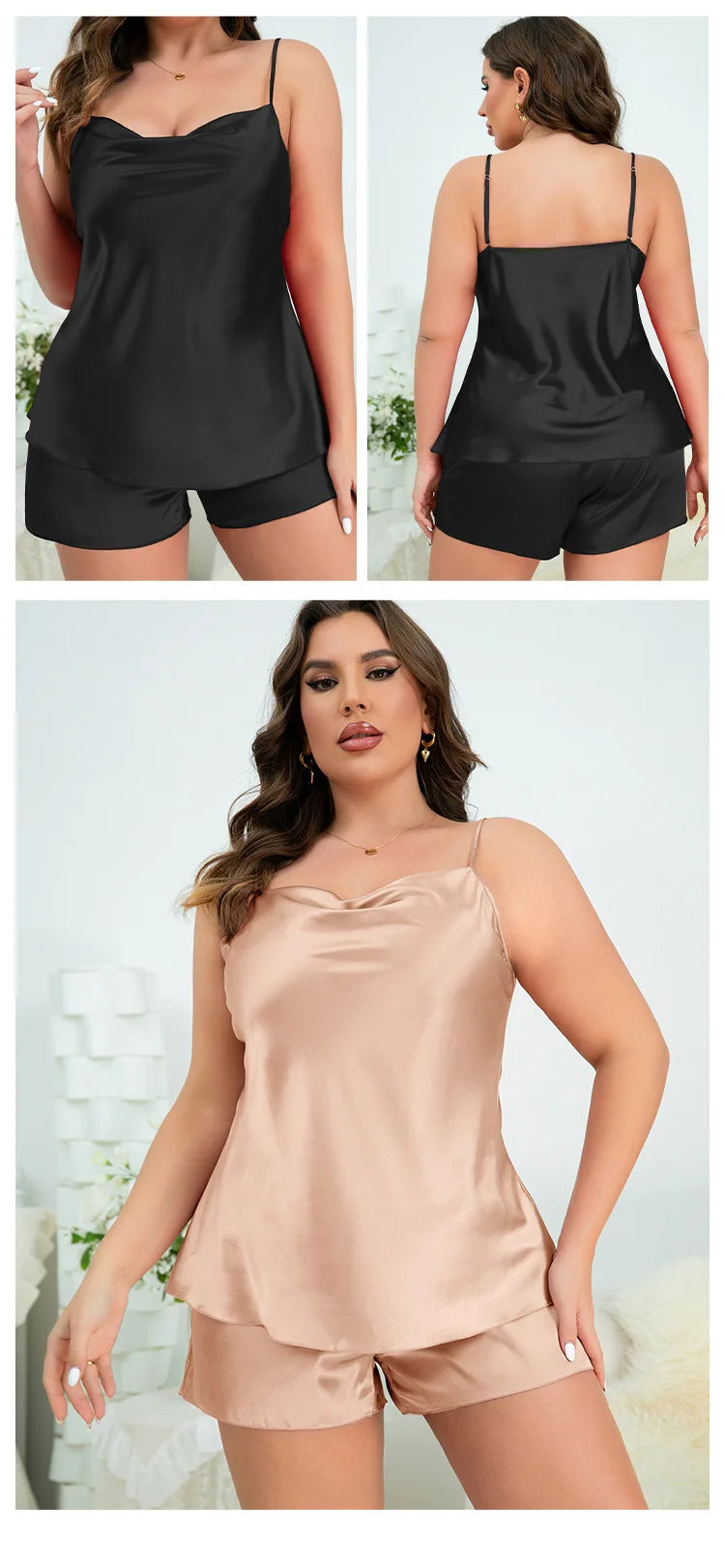 طقم بيجامة بحمالات مقاسات كبيرة 3XL 4XL 5XL صيفي نسائي، بدلة بيجامة وردية من الحرير والستان، حمالة صدر قصيرة، ملابس نوم فضفاضة للمنزل