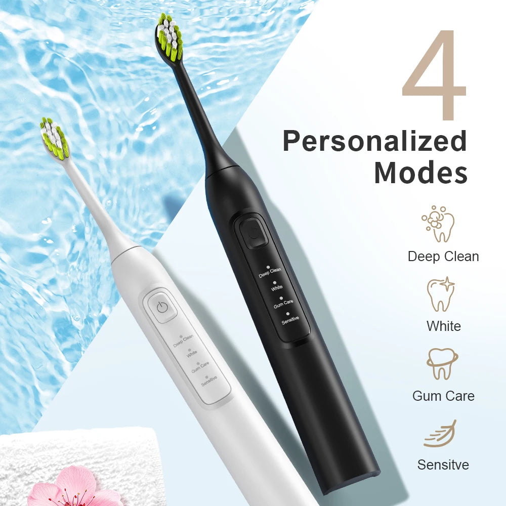 Electric sonic toothbrush with 6 toothbrush heads, USB rechargeable waterproof electric toothbrush, portable for travel