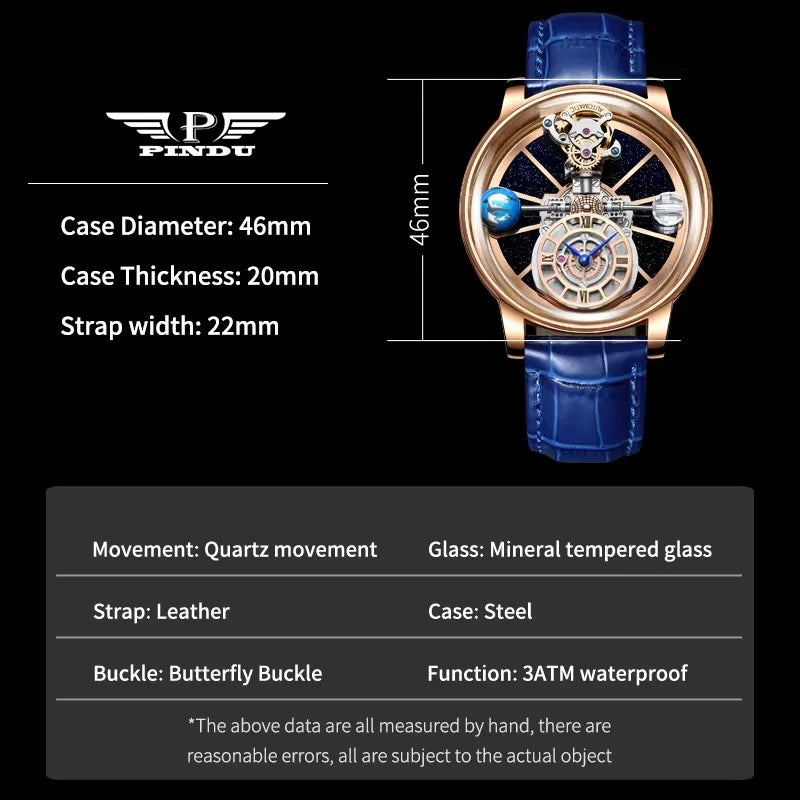 PINDU Design Watches Man Starry Sky Watch For Men Quartz Wristwatches Clock Earth Theme Design Man Watch Celestial Body Series