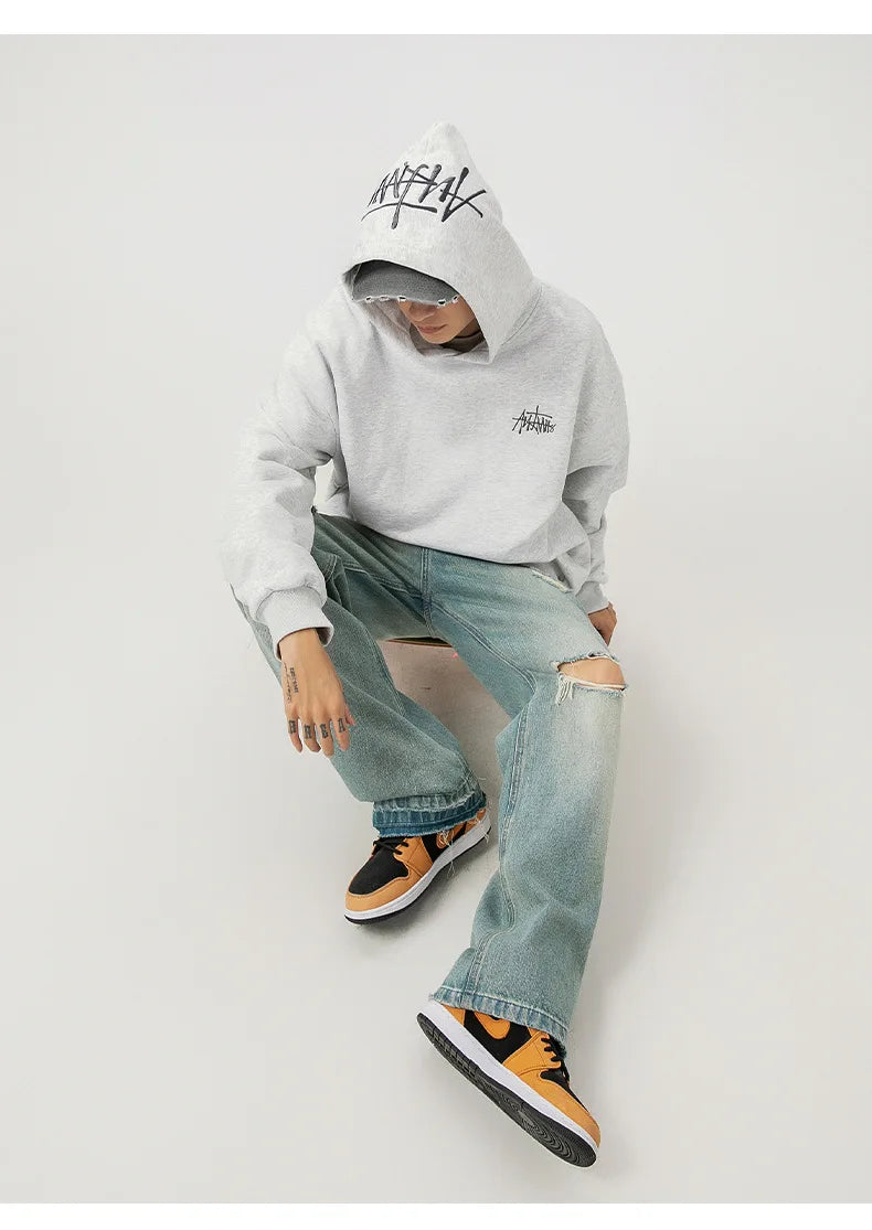 400G Heavy Thick Letter Embroidered Hoodies for Men's Autumn Winter Style American Trendy Couple Loose Hoodie Coat