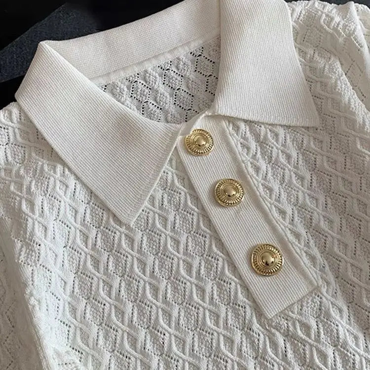 French High end Ice Silk Polo Shirt Women Summer Chic Thin Unique Jacquard Knitted Short Sleeve Loose White T-shirt Women Top