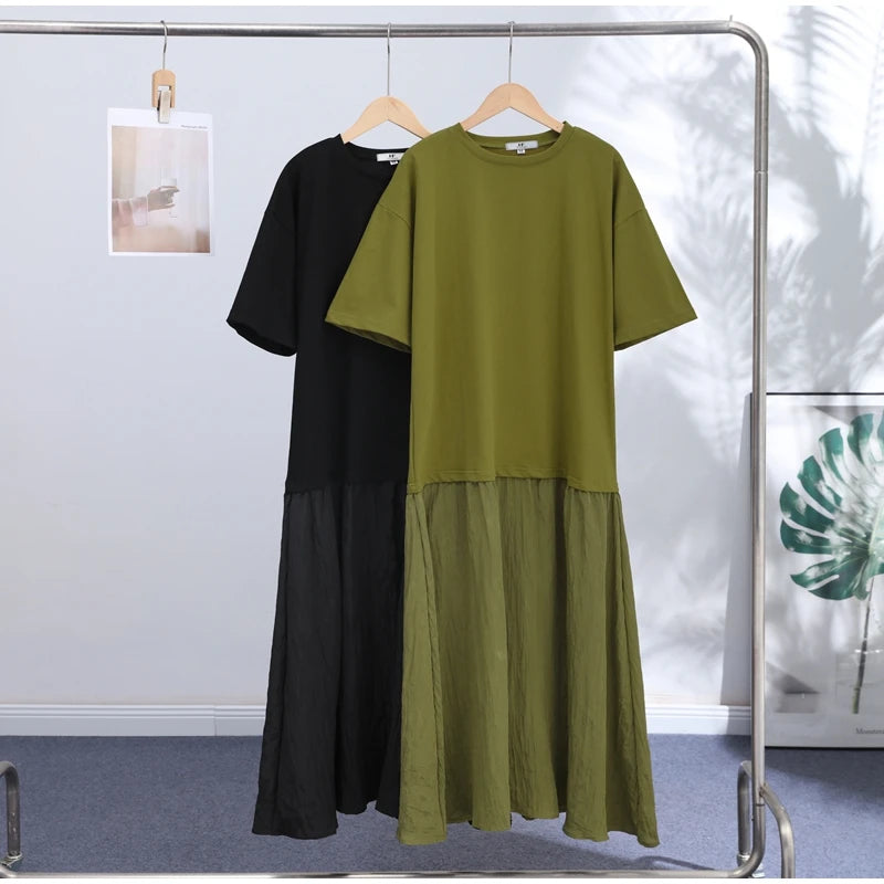 Elegant Women Patchwork Long Dress Short Sleeve O Neck Button A-Line Dresses Spring Summer Vintage Beach Vacation Casual Robes
