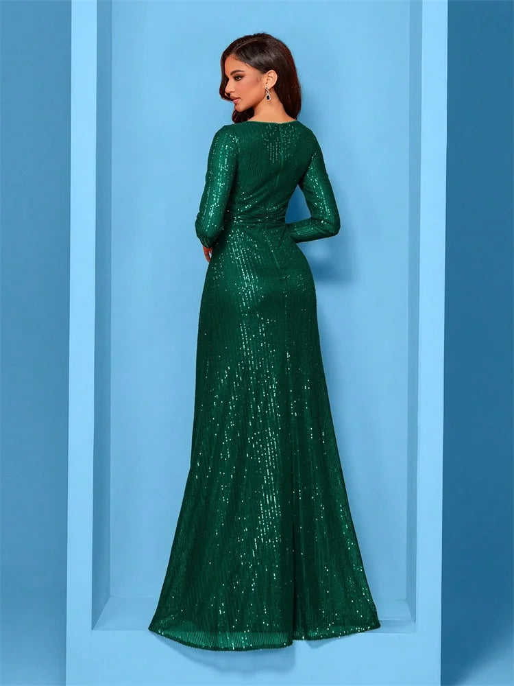 Plus Size Luxury V-Neck Long Sleeves Sequins Evening Dresses Women Elegant Wedding Party Maxi Cocktail Graduation Gowns