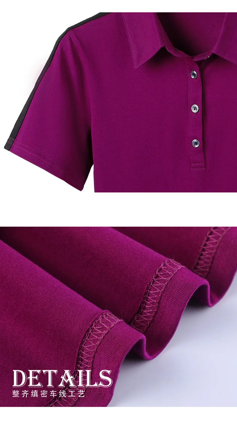 New Women Polo Shirt Summer Fashion Patchwork Button Turn-down Collar Short Sleeve Slim T-shirt Casual Basic Cotton Tees Tops