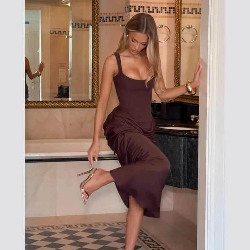 Yellow Strapless Pleated Dress Women Elegant Sexy Sleeveless Waist Cinching Split Maxi Gowns 2026 Lady New Evening Party Dresses