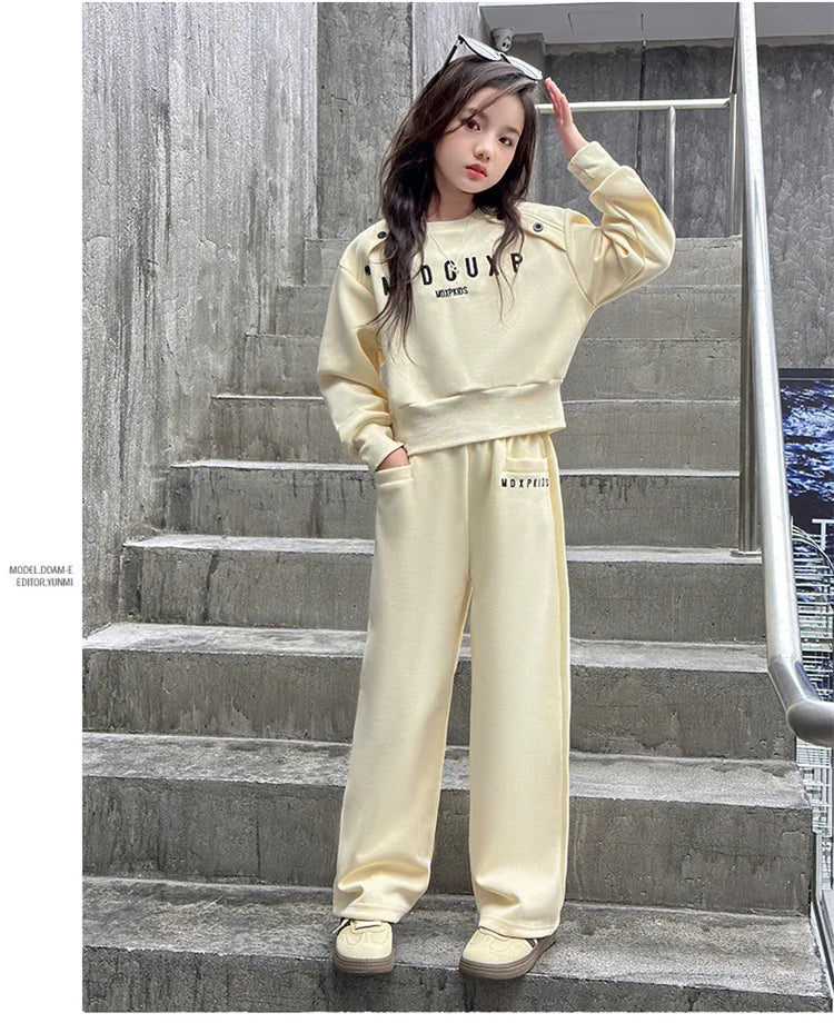 2025 teenager Gray girls Sport Suit winter spring Clothes Long Sleeve sweatshirt & wide leg Pant Casual 4 8 10 11 12 Years