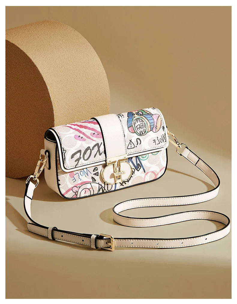 FOXER 2026 Fashion New Women's Underarm Bag PU Leather Graffiti Lady Chain Shoulder Bag Trendy Niche Design Crossbody Bag