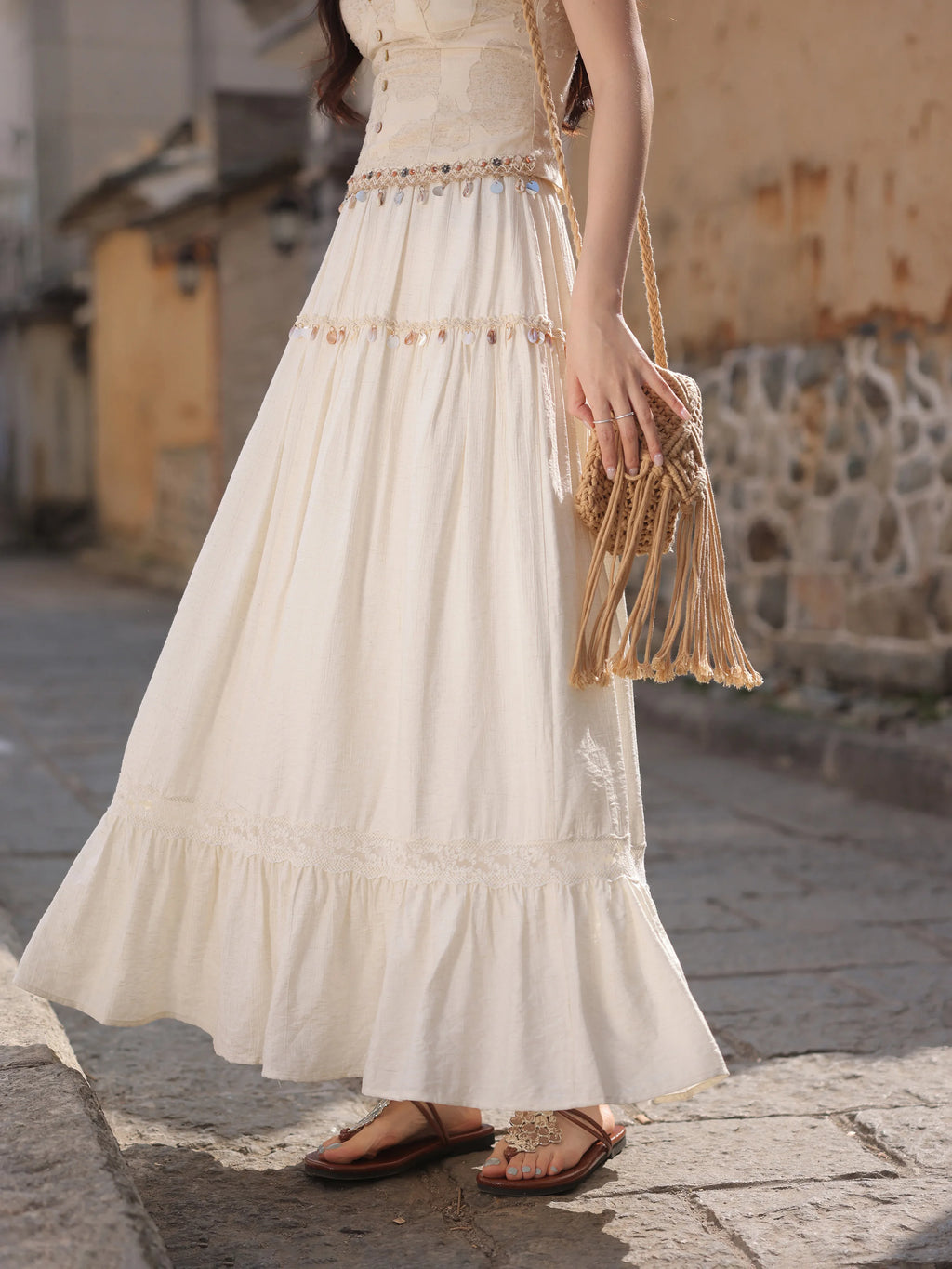 White Lace Three-Piece Set Spring Summer Slim Fit V-Neck Lace Cami Top High-Waisted A-Line Maxi Skirt Chic Red Fashion Shirt