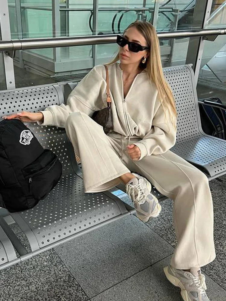 HH Women's Winter Warm Fleece Lined Zipper Jacket Sweatshirt Set Fashionable Stretch High Waist Women's Pants 2-piece Set
