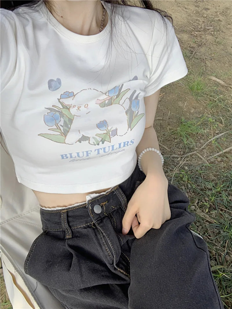 Kawaii Crop Top Summer Women's T-shirt All-match Trendy Fun Printed Casual Slim Korean Cute Tops New Y2K Simple Short Sleeve Tee