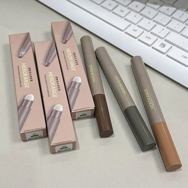 Double Head Contour Stick Bronzer with Brush Face Nose Shadow Cream Contour Pen Waterproof Lasting Contouring Makeup Cosmetics
