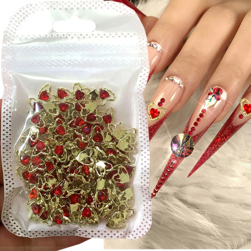3D Red Diamond Hearts Nail Aolly Charms 10pcs Gold Hollow Crystals Rhinestones 10mm Nails Heart Gems Valentines Day Jewelries *&