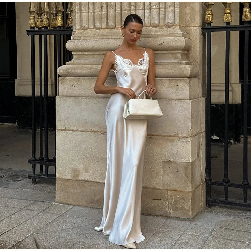 Chic Lace Patchwork Sling Maxi Dress Women Sexy V-neck Sleeveless Backless Satin Slim Long Gown Lady Evening Party Dresses 2026