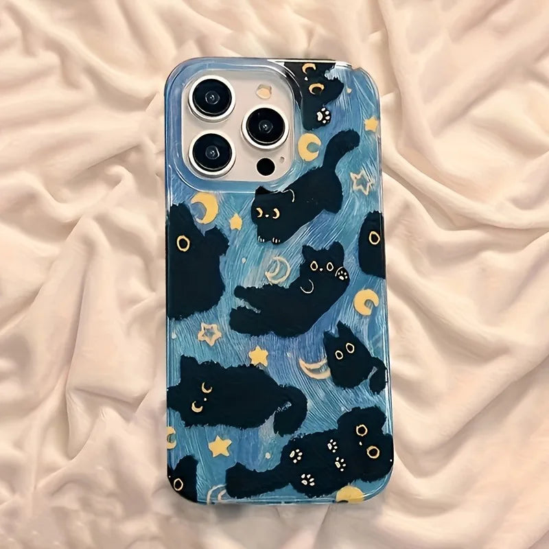 Phone Case For iPhone 17 Pro Max 16E 16 15 14 13 12 11 XS X XR 7 8 Plus SE2 Air Moon Stars And Black Cats Design Silicone Cover
