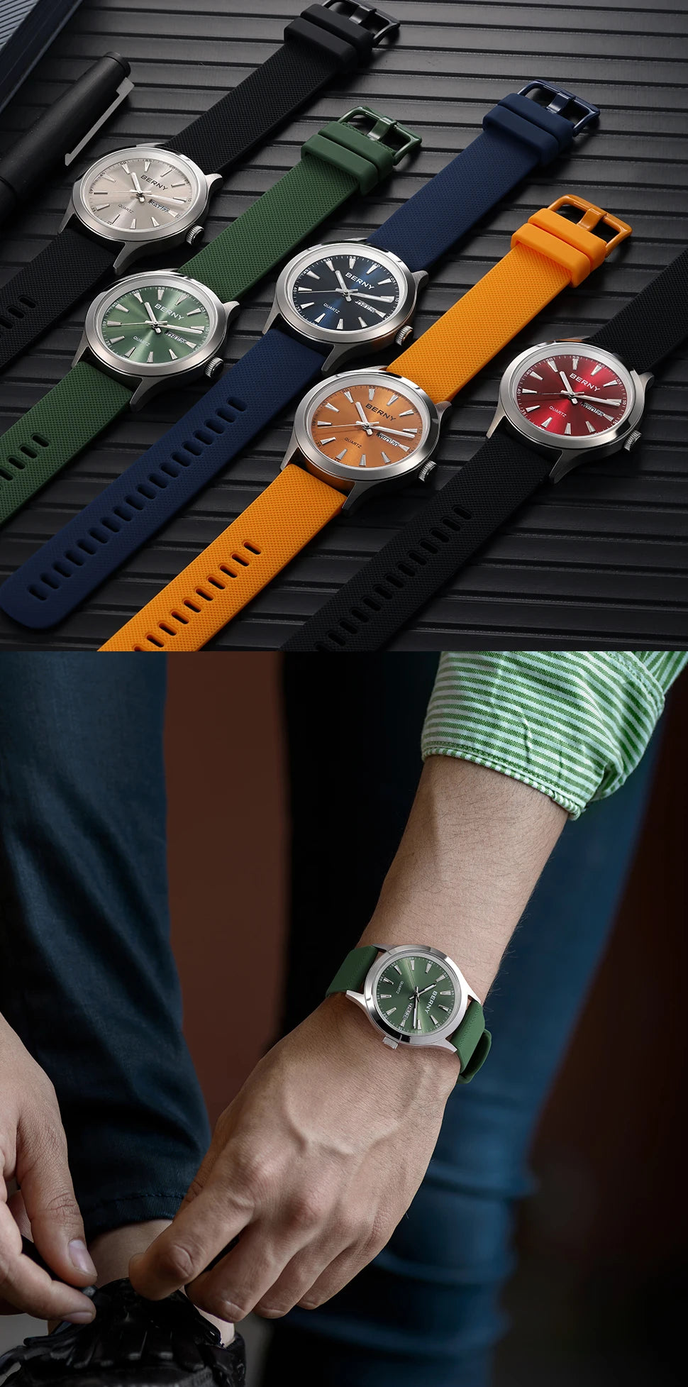 BERNY Watches for Men 40mm Luminous Elegance Dress Quartz Watch Calendar Week Luxury Waterproof Casual Business Men's Wristwatch
