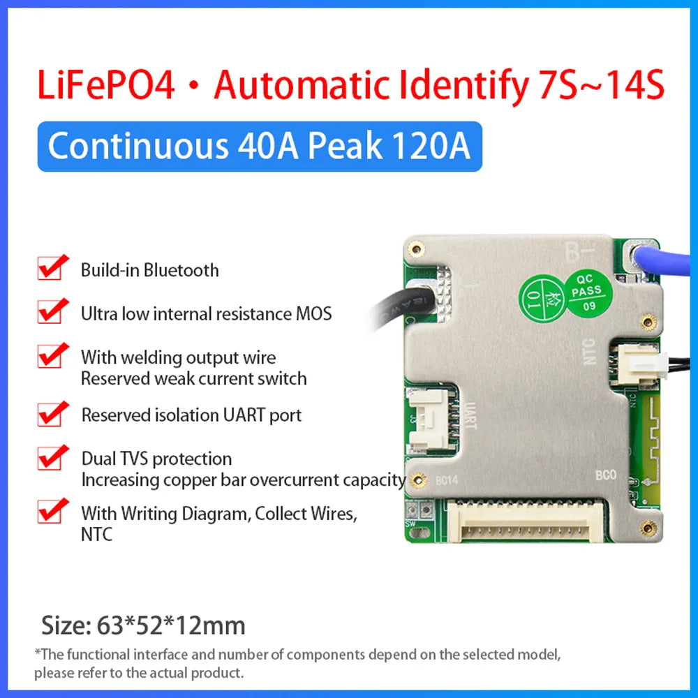 JiaBaiDa Automized Identify 7s-14s 7S 8S 9S 10S 11S 12S 13S 14S 20A 30A 40A 50A LFP NMC Smart BMS 24V 36V 48V