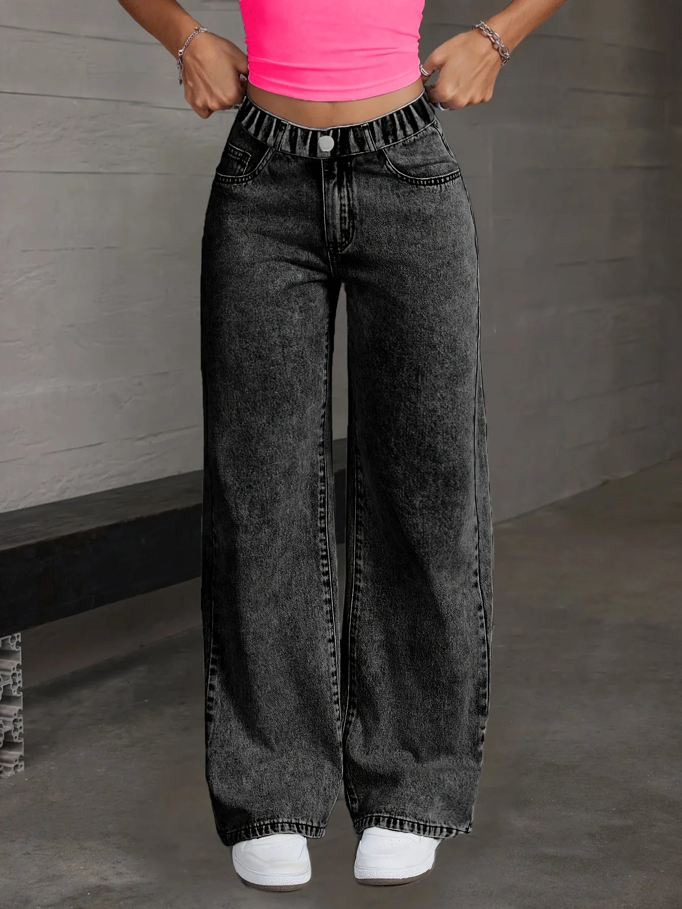 Girl's Y2K style butterfly knot embroidered casual trendy all-purpose straight dark denim pants, comfortable fabric suitable.