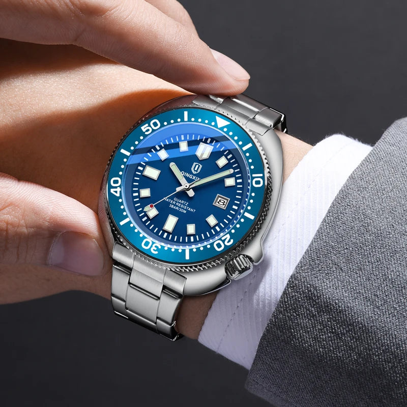 QINGXIYA Brand New Fashion Design Date Quartz Watch for Men Stainless Steel Waterproof Luminous Mens Watches Relogio Masculino