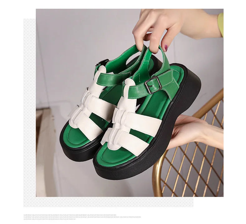 GKTINOO Summer Mixed Color Genuine Leather Sandals Roman Shoes Platform Wedges Woven Thick Soled Sandals Women Shoes Large Size