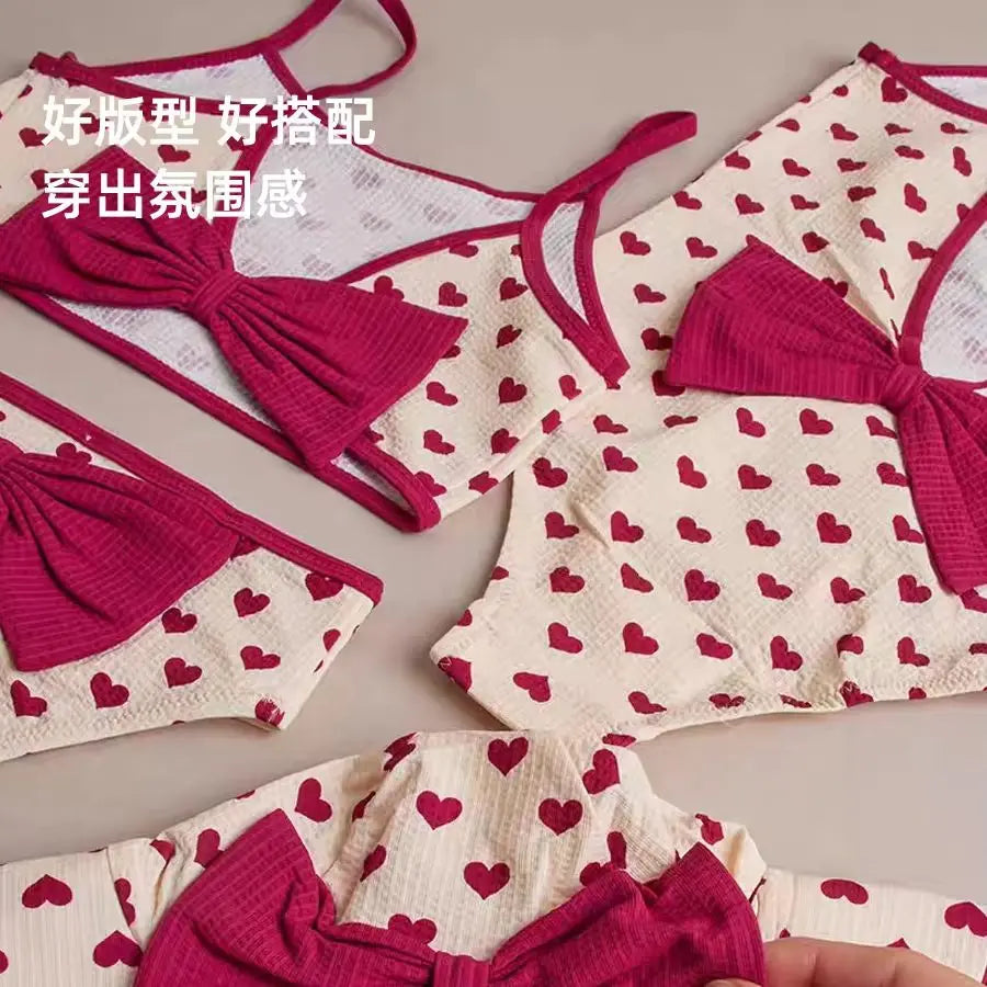 Girls Simple Color Block Swimsuit Heart Print Bikini Set Fashionable Large Bow Knot One-Piece Swimwear Summer Kids Clothing