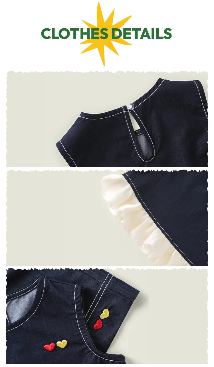 Amila 2026 Girls Summer Set Navy Blue Top Wide Pants 2025 Fashion Heart Embroidery Ruffle Casual Trendy Kids Outfit Sleeveless